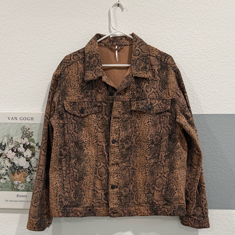 Free People Brown Snake Print Trucker Jacket